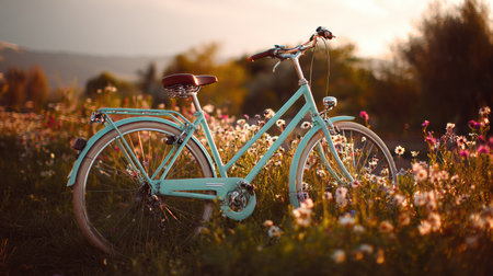Vintage-style mint green bicycle standing in a wildflower meadow at golden hour. Romantic summer landscape with warm evening light, evoking feelings of freedom, leisure, and nostalgiaの素材