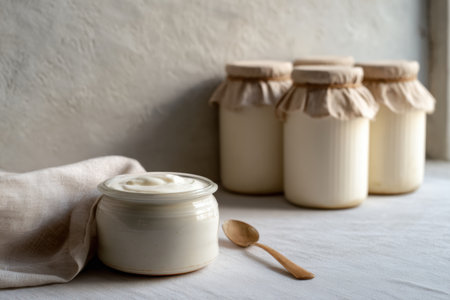 Bowl of creamy homemade yogurt placed on a linen cloth, with a spoon next to it. In the background, several glass jars of yogurt are covered with rustic fabric lidsの素材