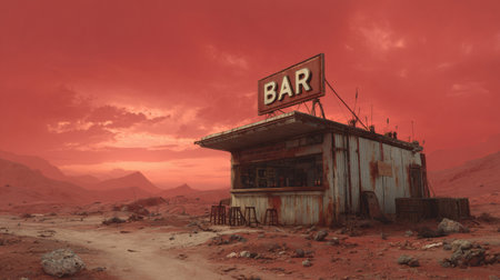 Abandoned bar on Mars at sunset, with a futuristic spaceship hovering on the horizon. Cyberpunk, sci-fi atmosphere, dystopian colony setting. Gritty textures, wires, American flagの素材