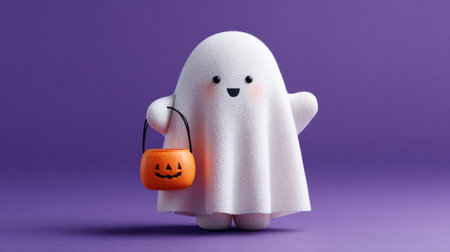 Adorable smiling ghost character holding an orange pumpkin bucket with a jack-oの素材