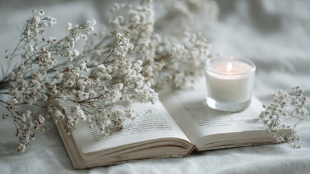 Open vintage book with delicate white flowers and a burning candle, soft minimal still life concept of relaxation, hygge lifestyle, and mindfulnessの素材