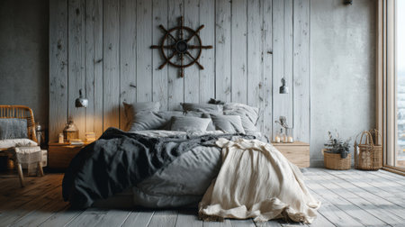 Cozy rustic bedroom interior with soft neutral tones, wooden walls, textured blankets and natural decor, modern hygge Scandinavian style home design.の素材