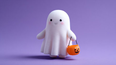 Adorable smiling ghost character holding an orange pumpkin bucket with a jack-oの素材