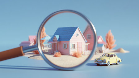 Pastel 3D illustration of a magnifying glass focusing on a cute small house with pink car and trees, concept of home search, real estate, dream house or property investmentの素材