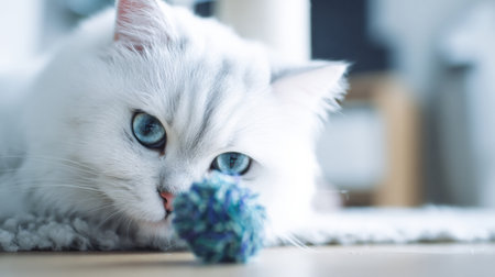 Close-up portrait of a fluffy white cat with striking blue eyes playing with a shiny blue toy, adorable domestic pet conceptの素材