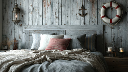 Cozy rustic bedroom interior with soft neutral tones, wooden walls, textured blankets and natural decor, modern hygge Scandinavian style home design.の素材