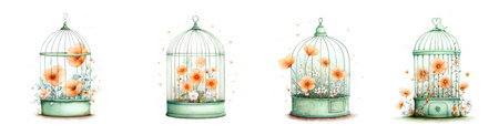 Watercolor illustration of orange flowers inside a mint green birdcage, soft pastel botanical artwork symbolizing nature, freedom, and creativityの素材