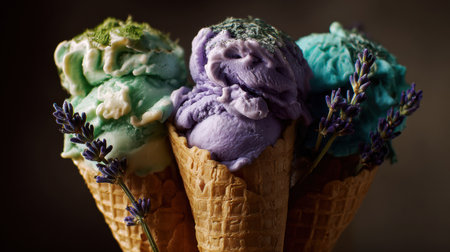 Close-up image of three pastel ice cream cones in waffle cones topped with mint leaves, colorful dessert photography ideal for summer food concepts, cafe brandingの素材