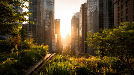 Futuristic eco city at sunrise with tall buildings covered in lush greenery and trees, symbolizing harmony between modern urban architecture and nature, sustainable future conceptの素材