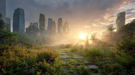 Futuristic eco city at sunrise with tall buildings covered in lush greenery and trees, symbolizing harmony between modern urban architecture and nature, sustainable future conceptの素材