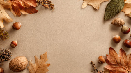Flat lay of assorted nuts, acorns, dried leaves, and natural elements arranged around a beige textured background, creating a warm autumn-inspired composition with rustic and organic aestheticsの素材