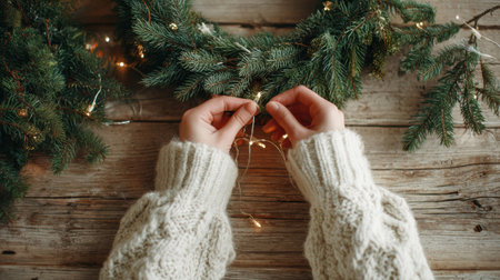 Pair of hands in a chunky cream sweater gently arrange warm fairy lights around a pine wreath. The soft glow of the tiny bulbs reflects off the green needles, creating a peaceful, intimate holiday atmosphereの素材
