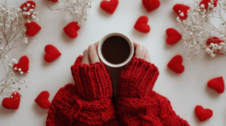 Hands in chunky red knit sweater holding a warm cup of coffee, surrounded by soft red yarn hearts and delicate white flowersの素材