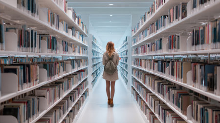 Young woman in bright modern library corridor lined with bookshelves, symbolizing curiosity, lifelong learning, and the quiet beauty of knowledgeの素材