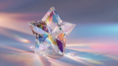 Transparent crystal star prism sparkles with rainbow reflections and soft pastel light, creating a delicate and elegant play of colors in a dreamy, minimalist atmosphereの素材