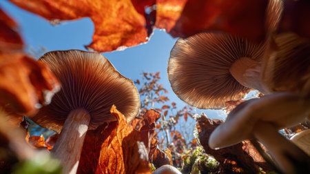 Low-angle view of a wild mushroom with autumn leaves against a bright blue sky, capturing the beauty and calm of the forest floor during fallの素材