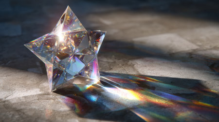 Transparent crystal star prism sparkles with rainbow reflections and soft pastel light, creating a delicate and elegant play of colors in a dreamy, minimalist atmosphereの素材