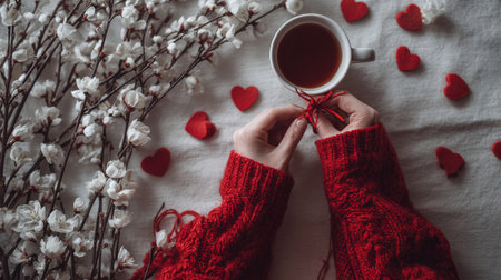 Hands in chunky red knit sweater holding a warm cup of coffee, surrounded by soft red yarn hearts and delicate white flowersの素材