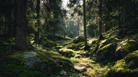 Beautiful morning sunlight filtering through tall pine trees in a lush green forest covered with moss and rocks, symbolizing peace, freshness, and the beauty of untouched natureの素材
