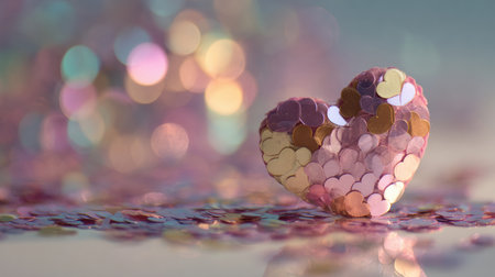 Glittering heart shapes in soft pink, blue, and gold tones, surrounded by glowing iridescent bokehの素材