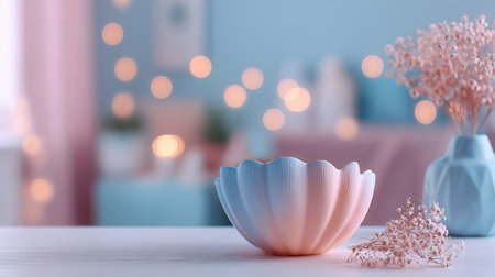 Ceramic seashell bowl in pink-to-blue gradient stands on a light wooden table, surrounded by dreamy bokeh and delicate home decorの素材