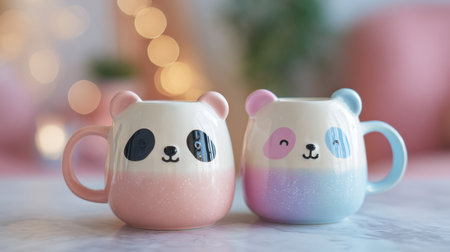 Ceramic mug with a kawaii panda face with warm golden bokeh lights glowing in the backgroundの素材