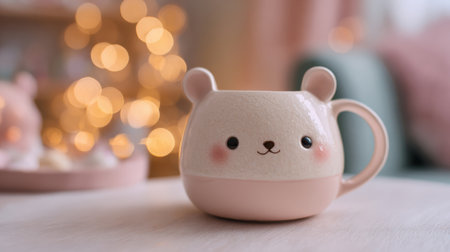 Ceramic mug with a kawaii mouse face with warm golden bokeh lights glowing in the backgroundの素材