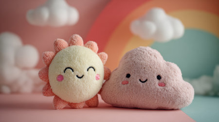 Kawaii sun and cloud plushie with a sweet smiling face, surrounded by fluffy cotton-like clouds and dreamy candy-colored lightの素材