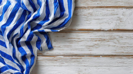 A soft coastal flat-lay featuring weathered blue wooden planks, textured nautical fabrics, creating a serene beach-inspired compositionの素材