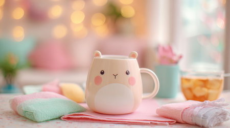 Ceramic mug with a kawaii mouse face with warm golden bokeh lights glowing in the backgroundの素材
