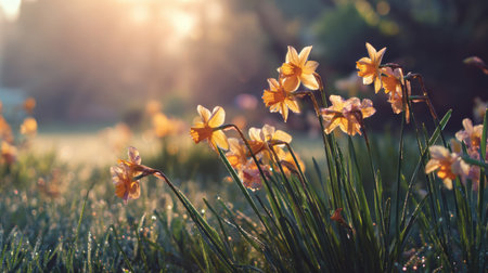Spring meadow with daffodils, their white and yellow petals illuminated by warm sunrise lightの素材