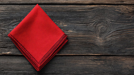 Red linen cloth folded on a dark rustic wooden surface, showing rich textures and natural grain detailsの素材