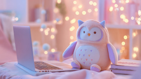Pastel-colored kawaii owl plush sits next to an open laptop in a softly lit room, surrounded by warm bokeh fairy lightsの素材
