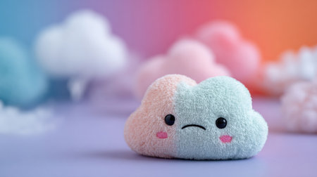 Kawaii cloud plushie with a sweet smiling face, surrounded by fluffy cotton-like clouds and dreamy candy-colored lightの素材