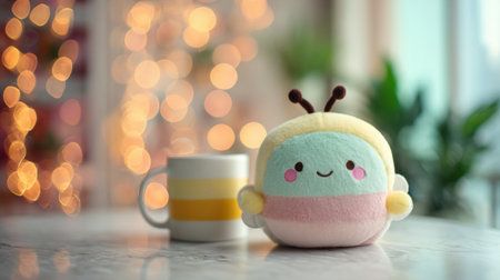 Kawaii bee plush sits next to a striped mug on a softly lit table, surrounded by warm glowing bokeh lights and soft interior decorの素材