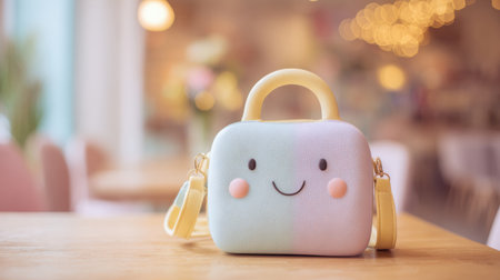 Pastel rainbow kawaii bag with a smiling face and rosy cheeks, styled in soft dreamy lighting with colorful bokeh in the backgroundの素材