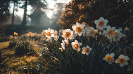 Spring meadow with daffodils, their white and yellow petals illuminated by warm sunrise lightの素材