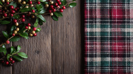 Christmas linen cloth folded on a dark rustic wooden surface, showing rich textures and natural grain detailsの素材
