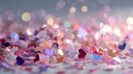 Glittering heart shapes in soft pink, blue, and gold tones, surrounded by glowing iridescent bokehの素材