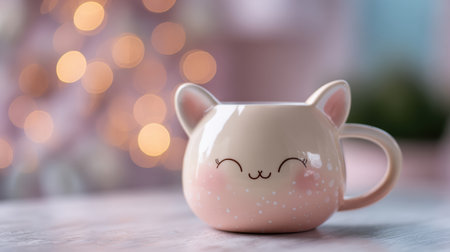 Ceramic mug with a sleepy kawaii cat face on a soft knitted blanket with warm golden bokeh lights glowing in the backgroundの素材