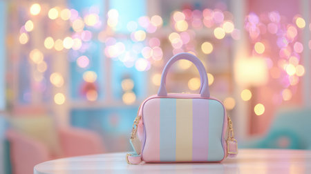 Pastel rainbow kawaii bag with a smiling face and rosy cheeks, styled in soft dreamy lighting with colorful bokeh in the backgroundの素材