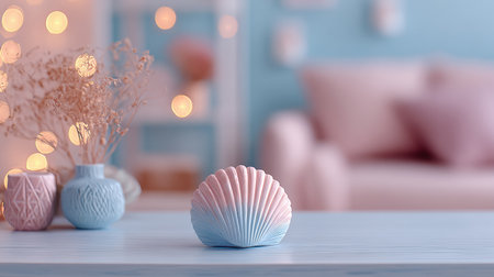 Ceramic seashell bowl in pink-to-blue gradient stands on a light wooden table, surrounded by dreamy bokeh and delicate home decorの素材