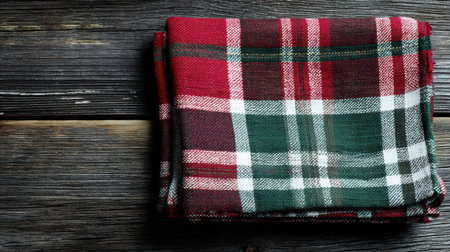 Christmas linen cloth folded on a dark rustic wooden surface, showing rich textures and natural grain detailsの素材
