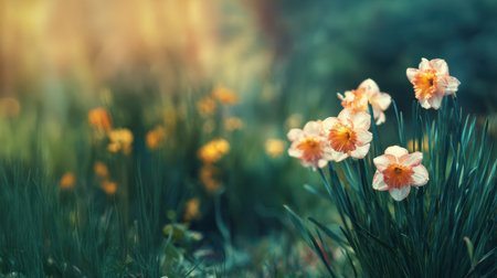 Spring meadow with daffodils, their white and yellow petals illuminated by warm sunrise lightの素材