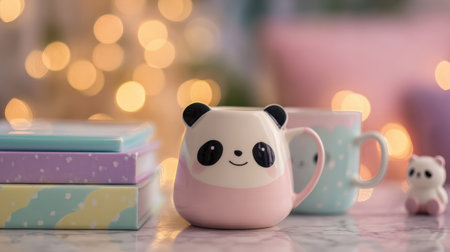 Ceramic mug with a kawaii panda face with warm golden bokeh lights glowing in the backgroundの素材