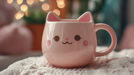 Ceramic mug with a sleepy kawaii cat face on a soft knitted blanket with warm golden bokeh lights glowing in the backgroundの素材