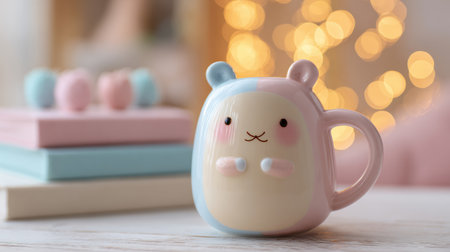 Ceramic mug with a kawaii mouse face with warm golden bokeh lights glowing in the backgroundの素材
