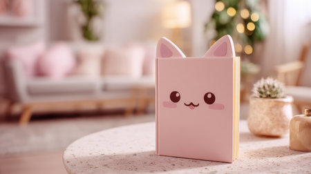 Open journal with kawaii cat-themed notebook, soft pink tea cup, and delicate spring flowers scattered across the tableの素材