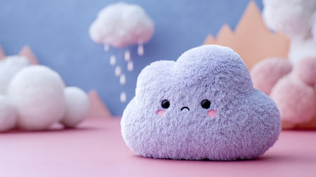 Kawaii cloud plushie with a sweet smiling face, surrounded by fluffy cotton-like clouds and dreamy candy-colored lightの素材
