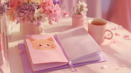 Open journal with kawaii cat-themed notebook, soft pink tea cup, and delicate spring flowers scattered across the tableの素材